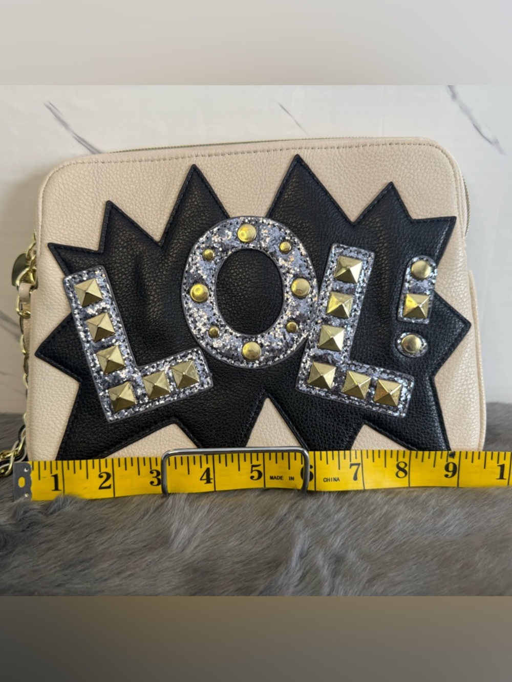 Embellished 'LOL' Clutch with Studs and Glitter